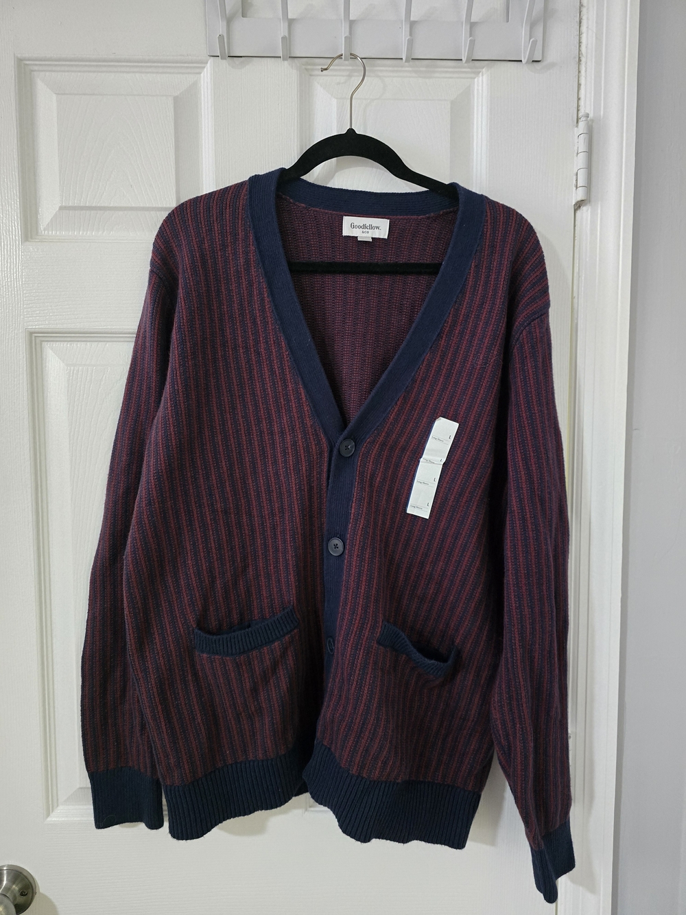 Goodfellow & Co Men's Burgundy and Navy Striped Ribbed Cardigan